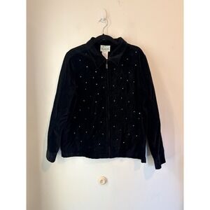 Vintage Quacker Factory Velour Velvet Jacket Black With Rhinestones‎ Size Large